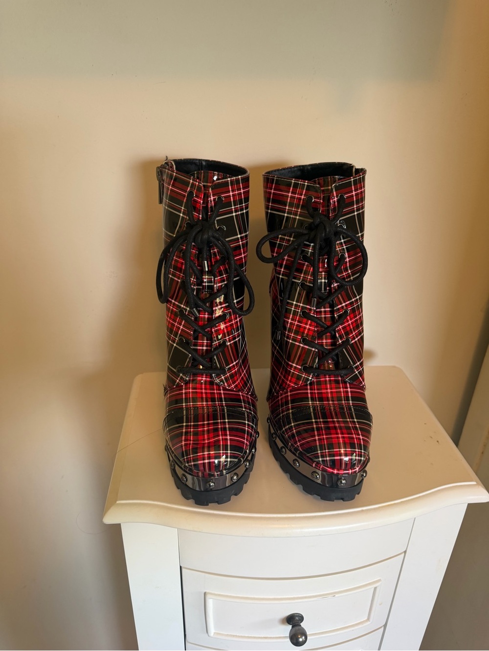 Jessica Simpson Red and Black Plaid Lace-Up Platform Boots